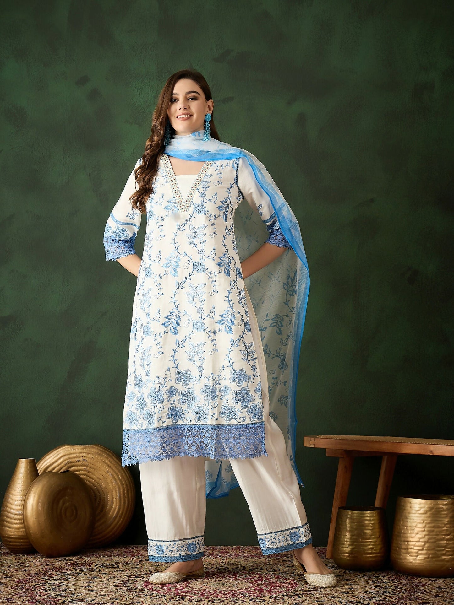 Blue & White Roman Silk Embroidered Kurta With Trouser & Dupatta - Bhumi