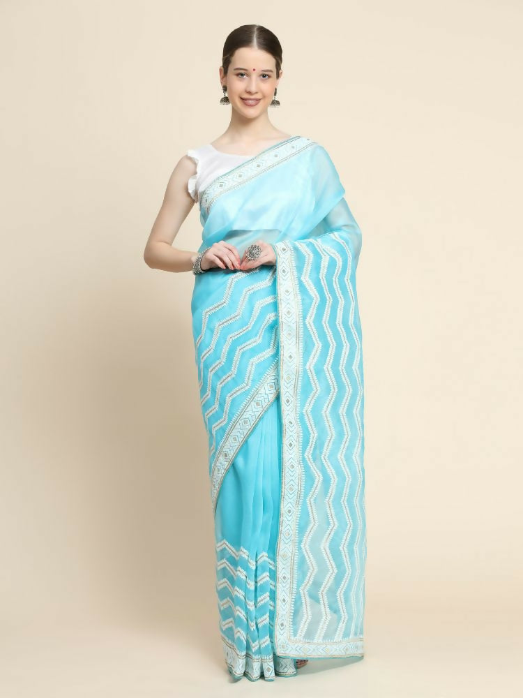 Vamsee Banno Lehriya Sky Organza Saree - Swadesiicart