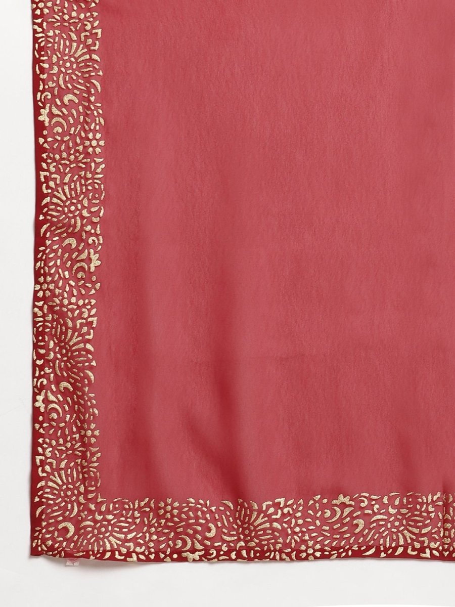 Ahalyaa Women's Maroon Georgette Gold Foil Print Flared Kurta With Dupatta | Swadesiicart