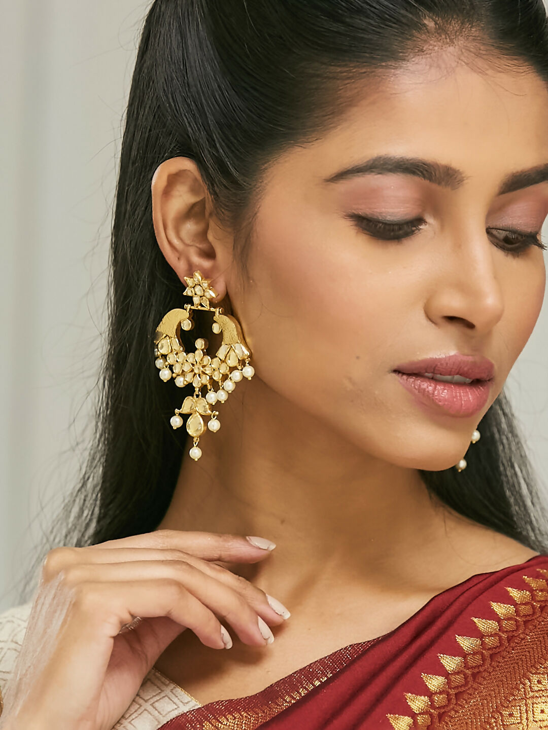 Nuyug 22K Gold-Plated Kundan and Pearl Earrings with Floral Stud and Intricate Crescent Design Chandbalis | Swadesiicart