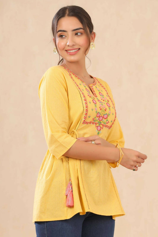 Juniper Women Yellow Cotton Dobby Embroidered A-Line Tunic | Swadesiicart