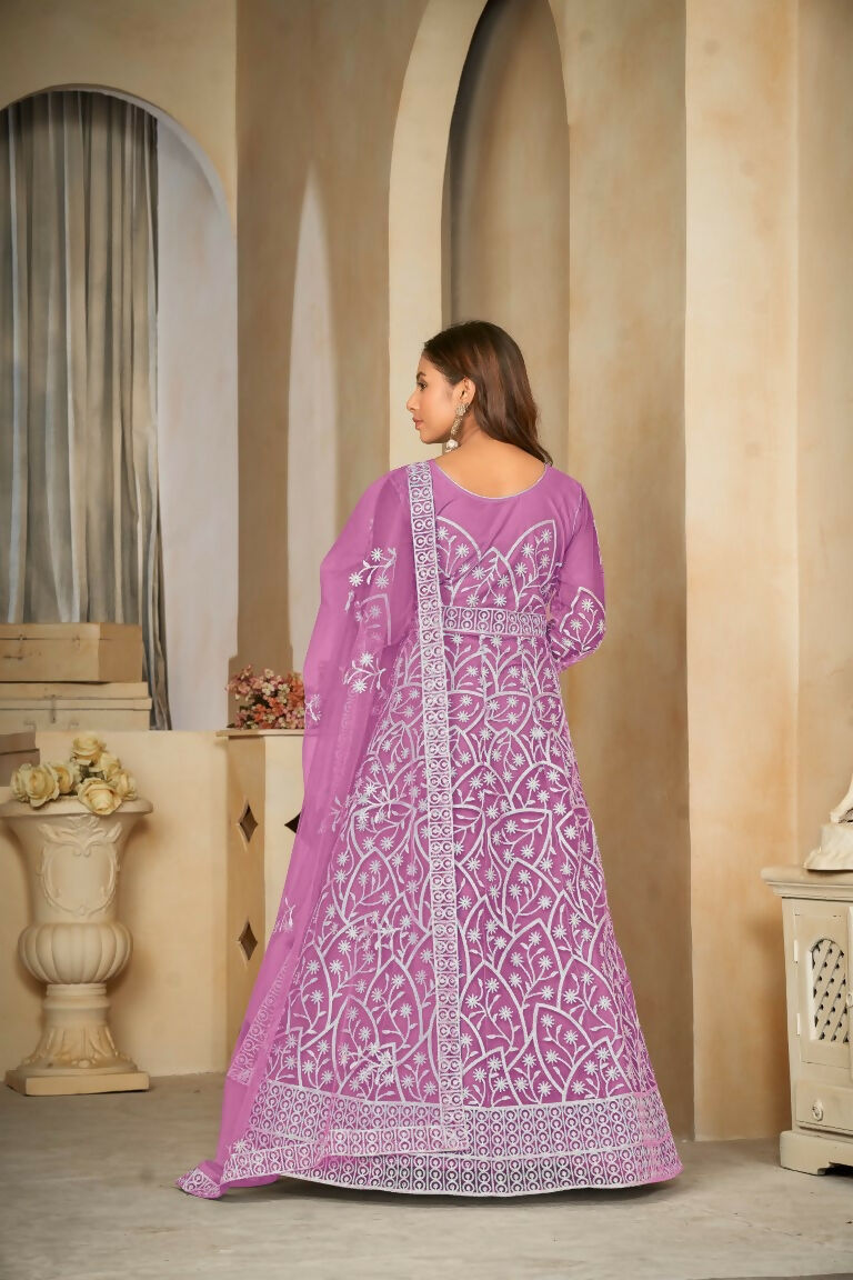 Jyoti Fashion Women's Purple Net Embroidered Anarkali Kurta Pant Set With Dupatta | Swadesiicart