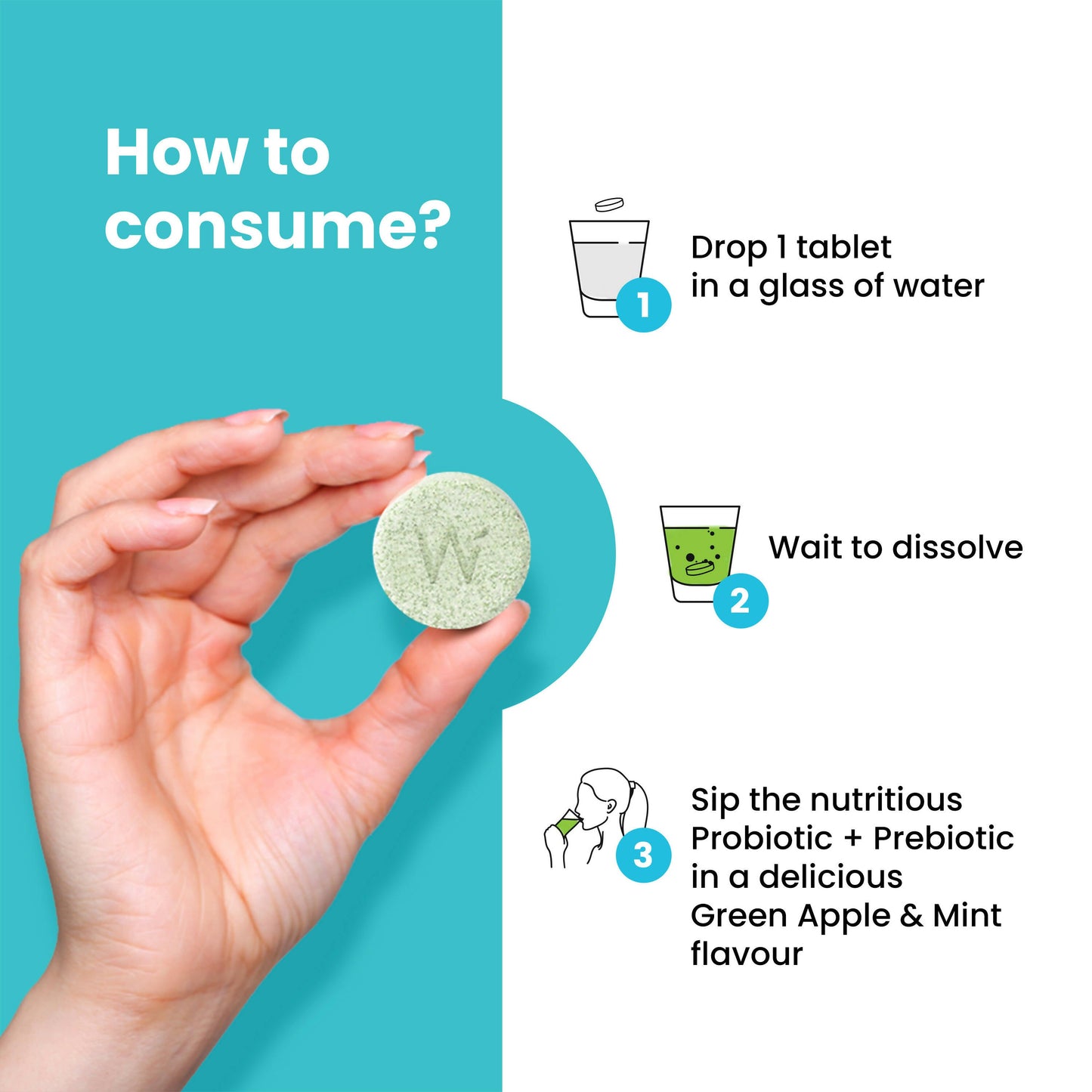Wellbeing Nutrition Probiotic + Prebiotic Effervescent Tablets-Green Apple & Mint Flavor - Swadesiicart
