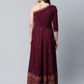 Ahalyaa Women Burgundy & Gold-Toned Ethnic Motifs One Shoulder Ethnic Maxi Dress | Swadesiicart