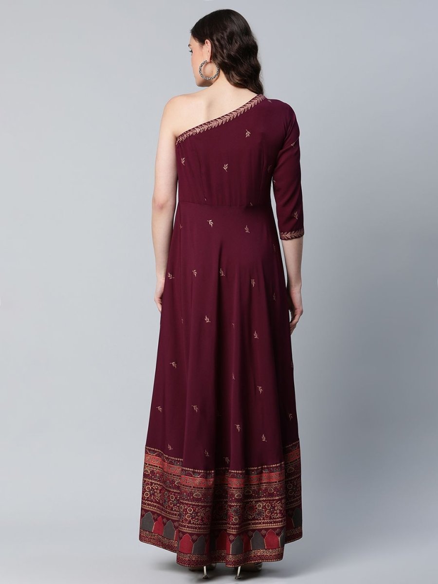 Ahalyaa Women Burgundy & Gold-Toned Ethnic Motifs One Shoulder Ethnic Maxi Dress | Swadesiicart