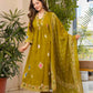 Jaimini Women Cotton Printed V-Neck 3/4 Sleeves Calf Length Flared Kurta Pant And Dupatta Set
