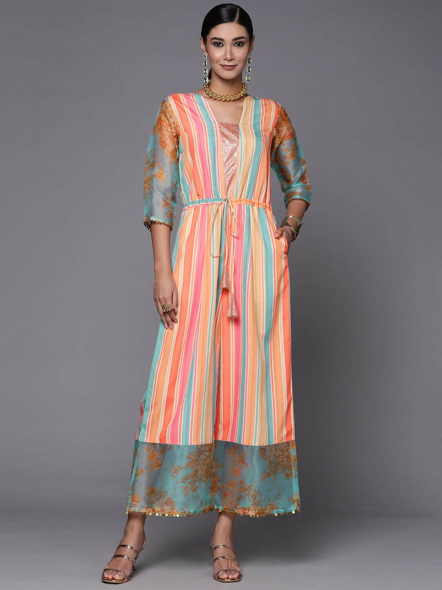 Ahalyaa Coral Orange & Blue Candy Striped Basic Jumpsuit - Swadesiicart