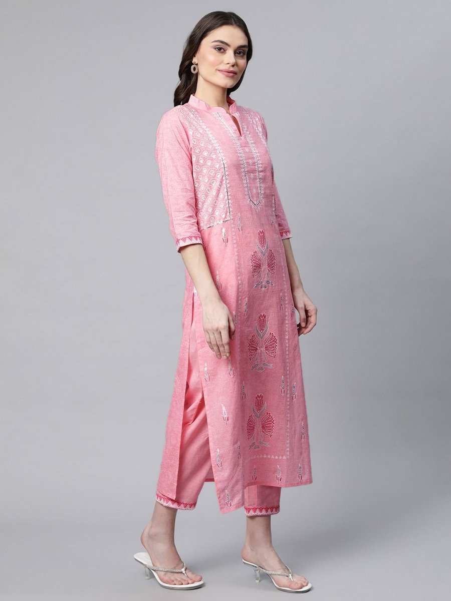 Ahalyaa Women Light Pink Colour Pure Cotton Printed Kurta Pant Set With Dupatta | Swadesiicart