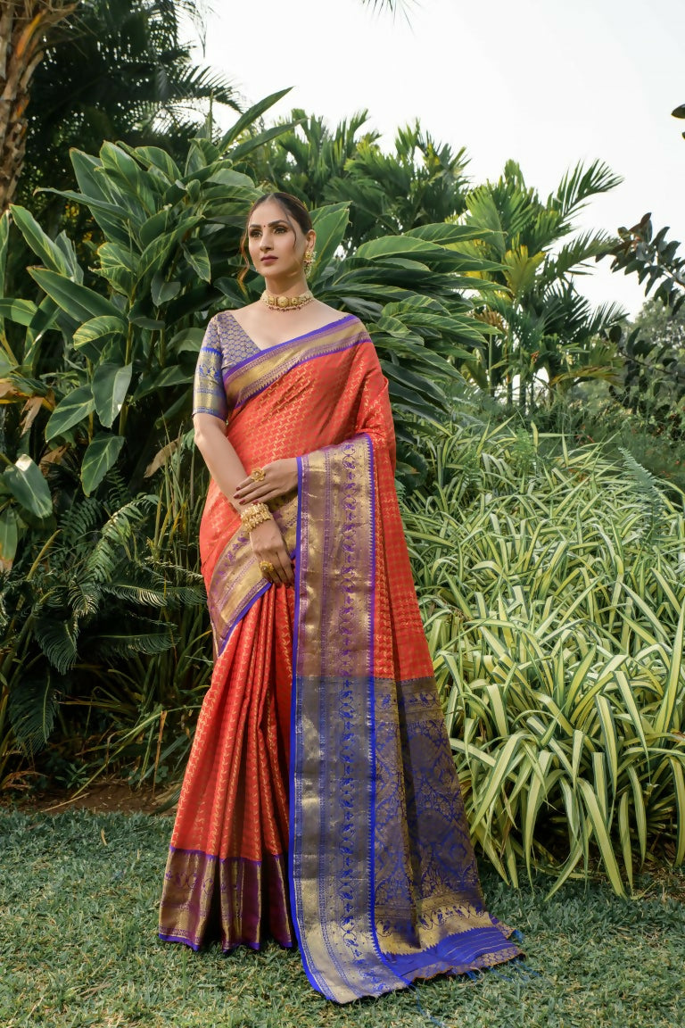 Jyoti Fashion Women's Orange Kanjivaram Silk Zari Woven Saree with Blouse | Swadesiicart