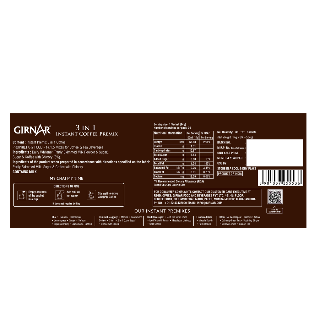 Girnar Instant Premix 3 In 1 Coffee | Swadesiicart