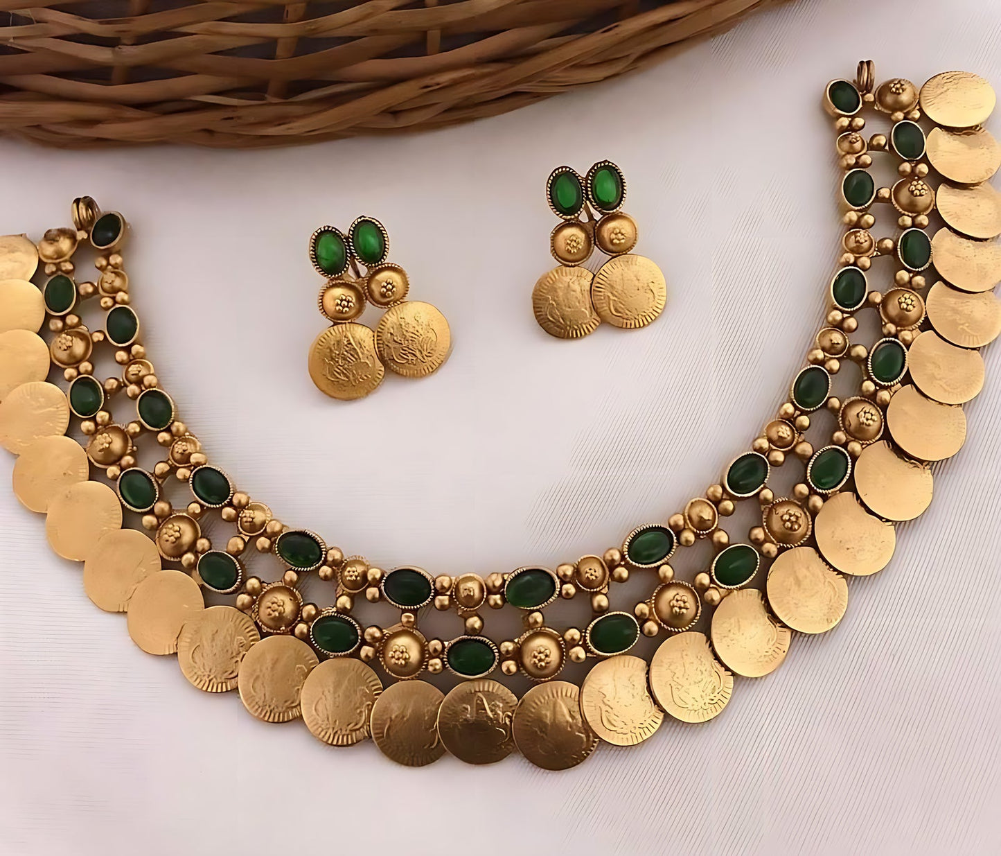 Jewel City Gold-Tone Coin Necklace Set with Emerald and Ruby Gemstones | Swadesiicart