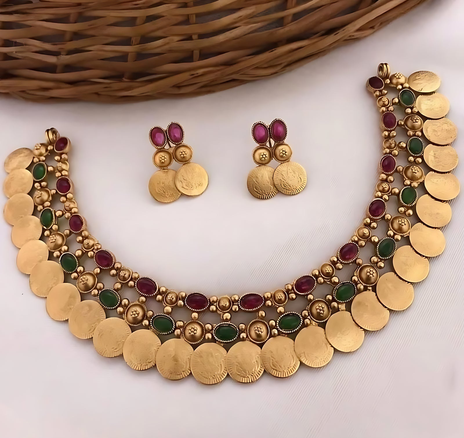 Jewel City Gold-Tone Coin Necklace Set with Emerald and Ruby Gemstones | Swadesiicart
