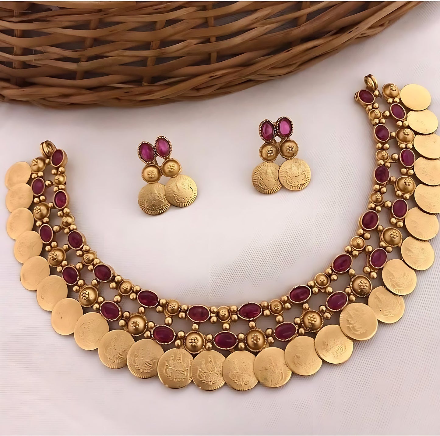 Jewel City Gold-Tone Coin Necklace Set with Emerald and Ruby Gemstones | Swadesiicart