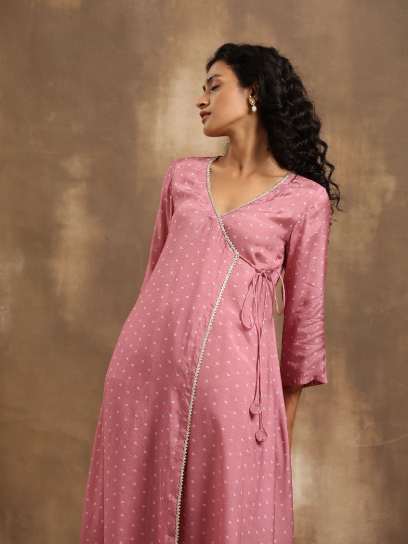 trueBrowns Light Mauve Bandhani Printed Silk Angrakha Kurta Pant Set | Swadesiicart