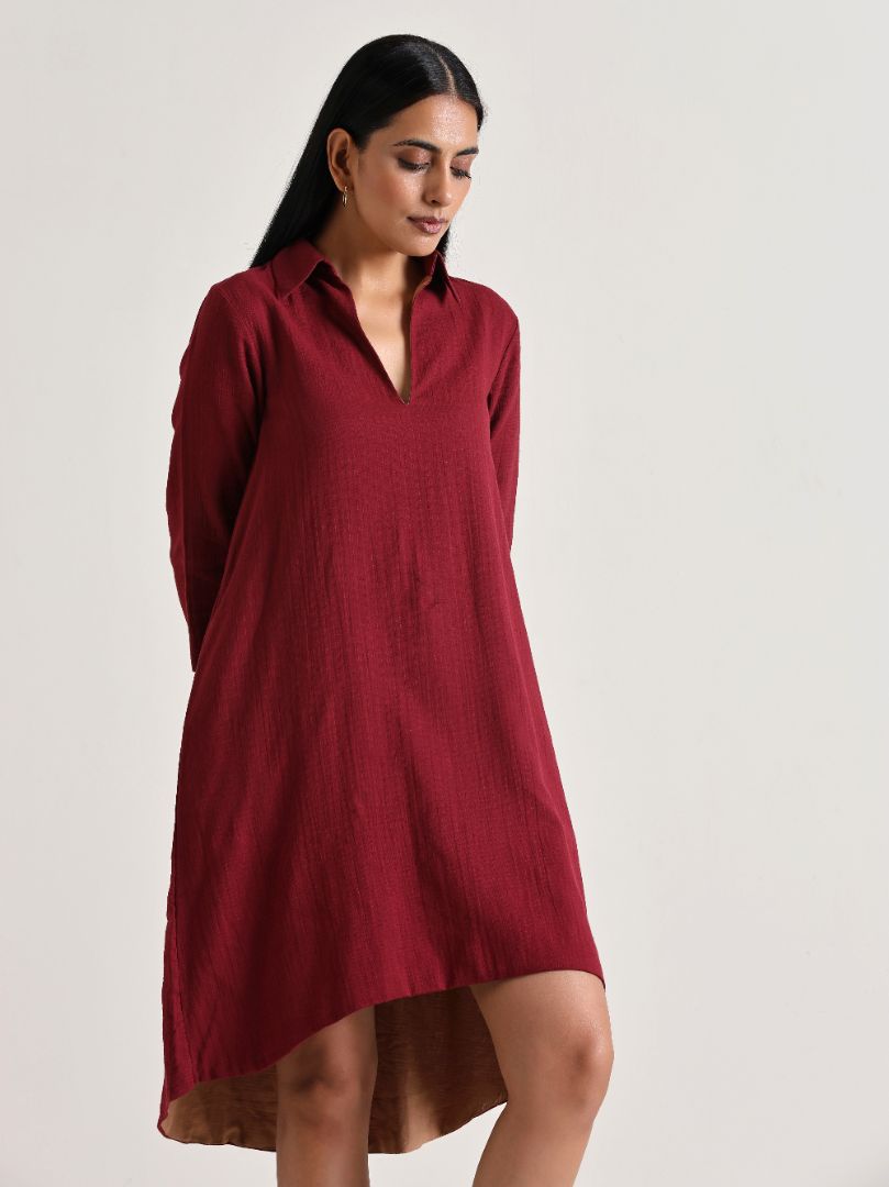 trueBrowns Maroon Short Collared Dress | Swadesiicart
