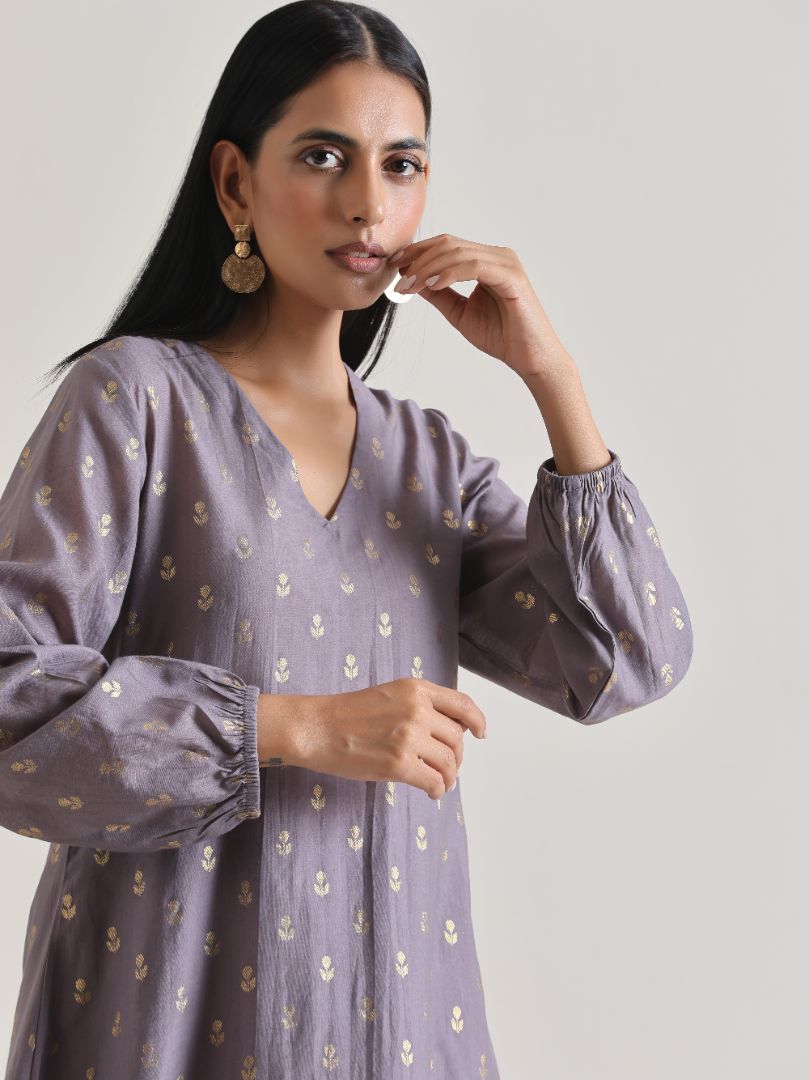 trueBrowns Plum Grey Foil Short Co-Ord Set - Swadesiicart