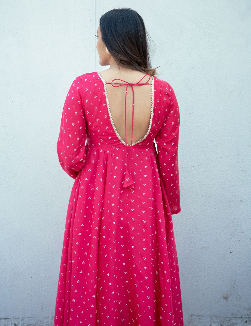 trueBrowns Pink Bandhani Printed Silk Anarkali Kurta Pant Dupatta Set | Swadesiicart