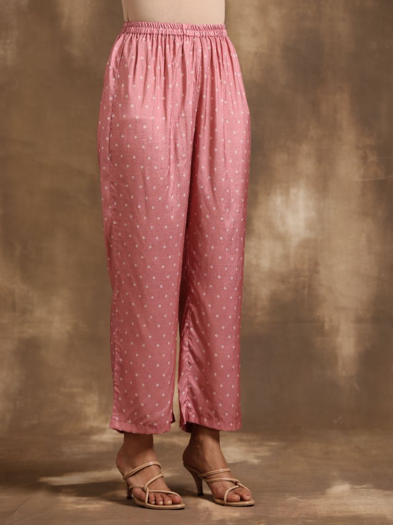 trueBrowns Light Mauve Bandhani Printed Silk Angrakha Kurta Pant Set | Swadesiicart