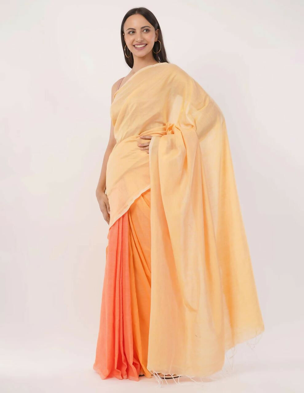 Exclusive Collection Beautiful Khadi Cotton Cream Light Orange Light Yellow Handloom Saree - Swadesiicart