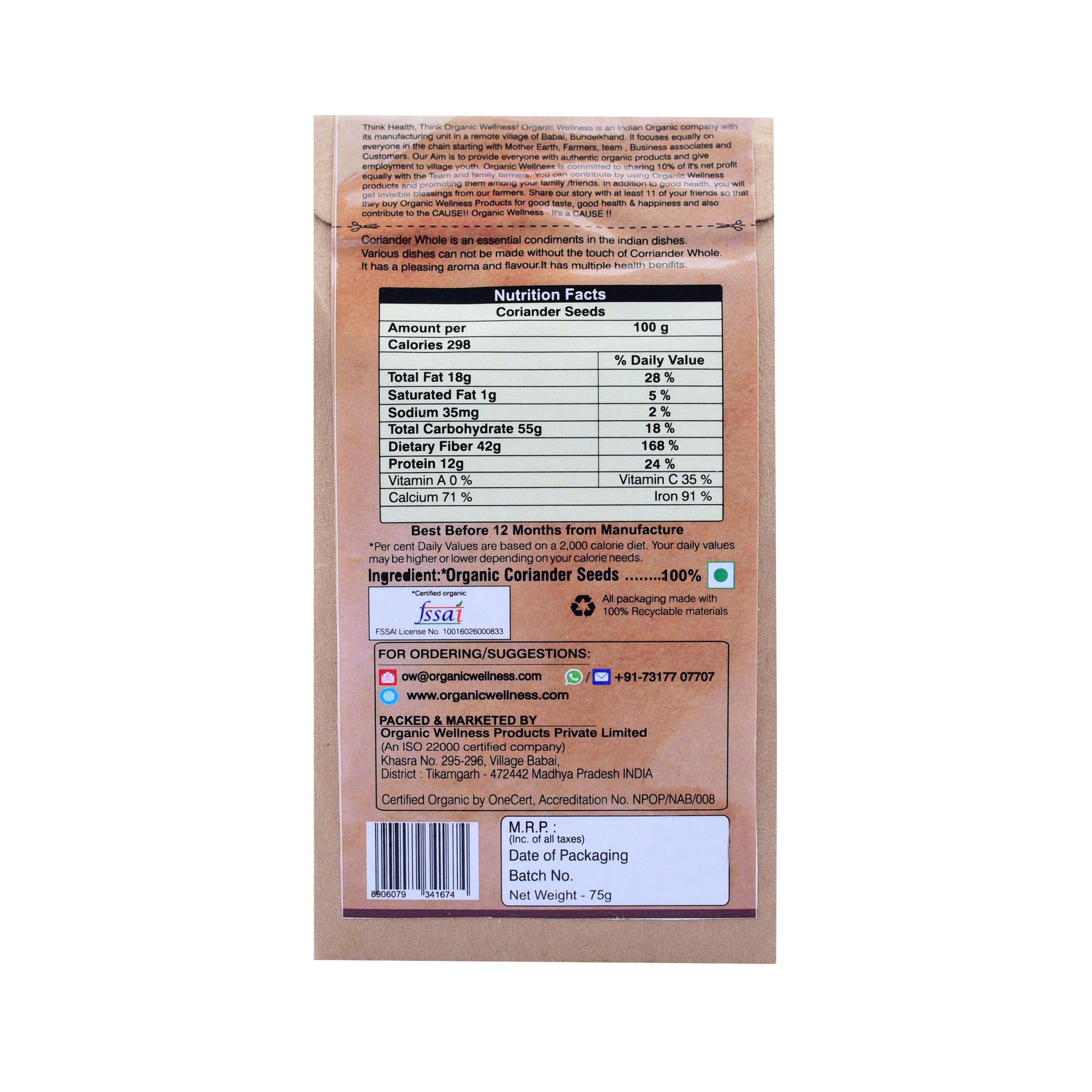 Organic Wellness Coriander Whole - Swadesiicart