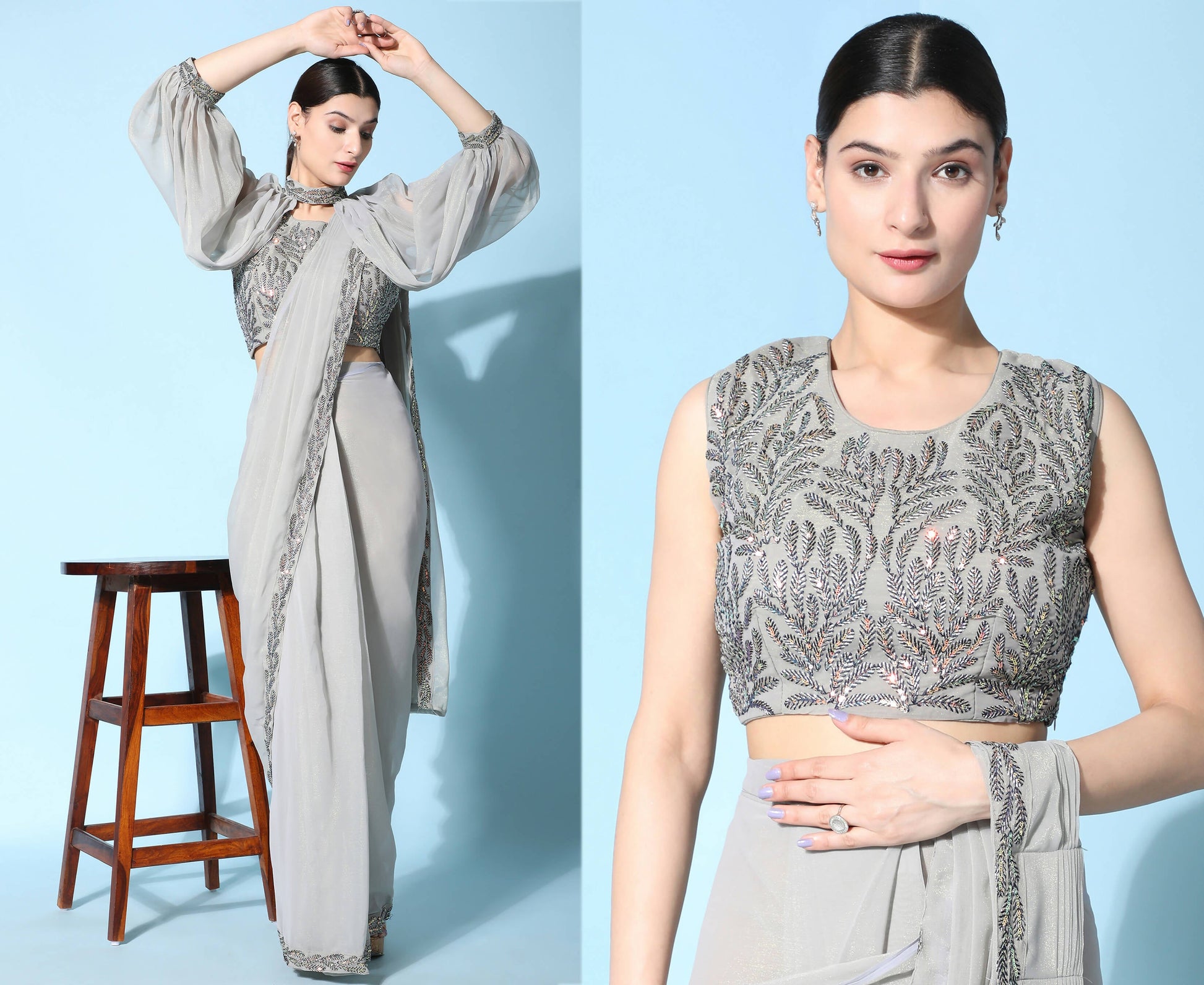 Grey Fancy Pure Fabric Plain Ready to wear Saree with stitched Blouse - Vrinda | Swadesiicart