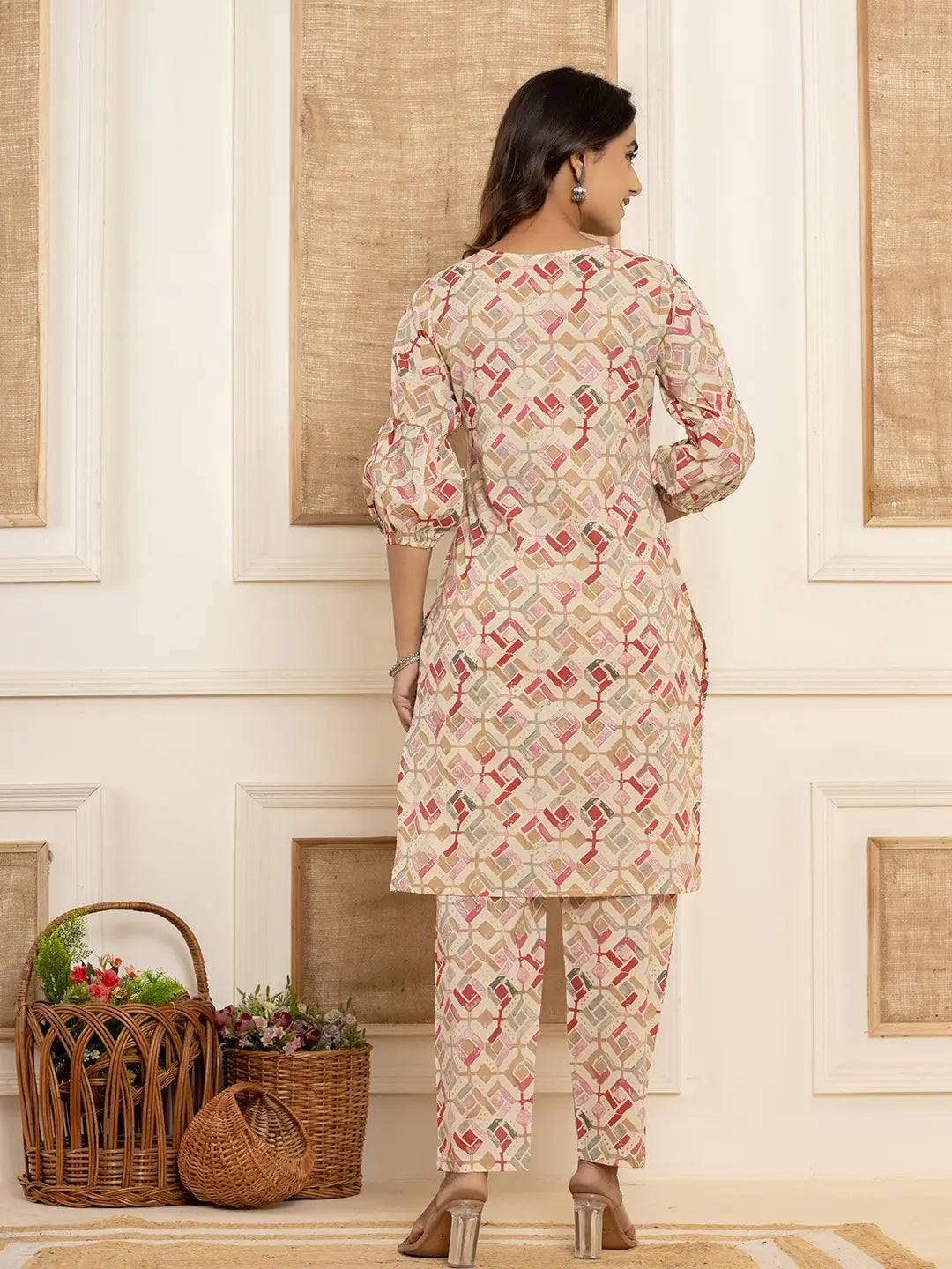 Yufta Cotton Cream Geometric Print Co-Ord Set - Swadesiicart