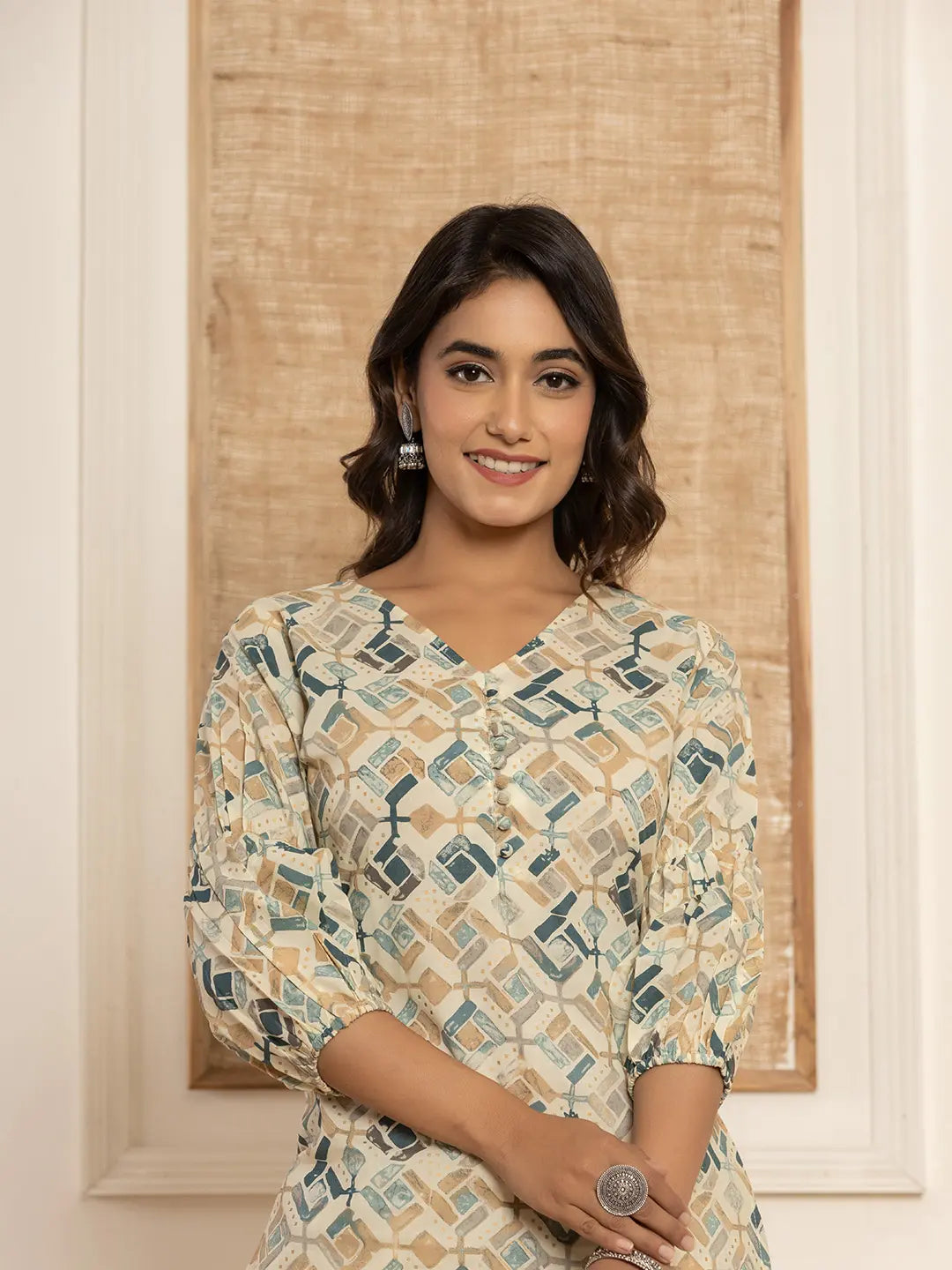 Yufta Cotton Grey Geometric Prin Co-Ord Set - Swadesiicart