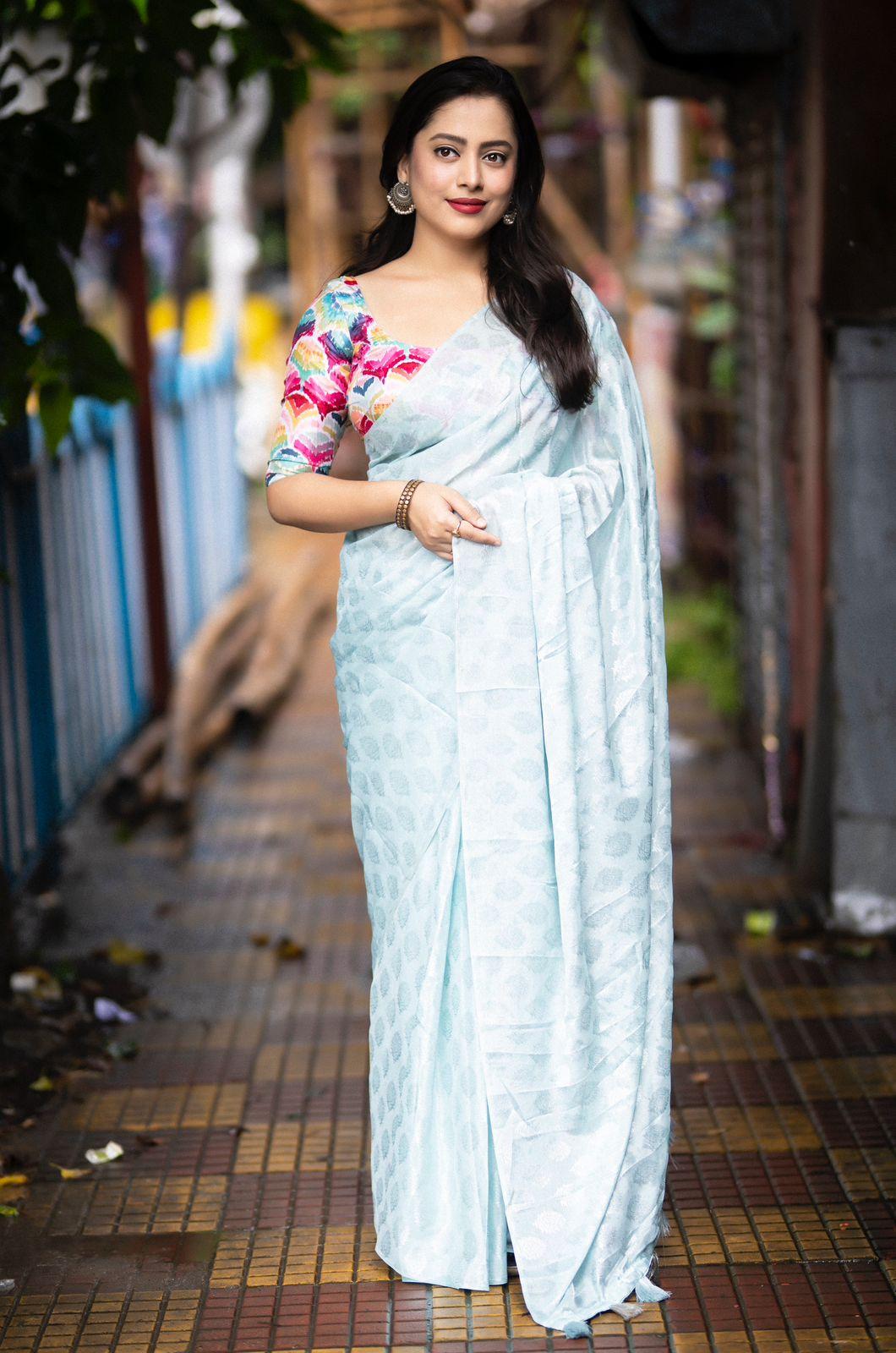 Blue Poly Crepe Ethnic Motifs Saree with Unstitched Blouse - Hiral Fashion | Swadesiicart