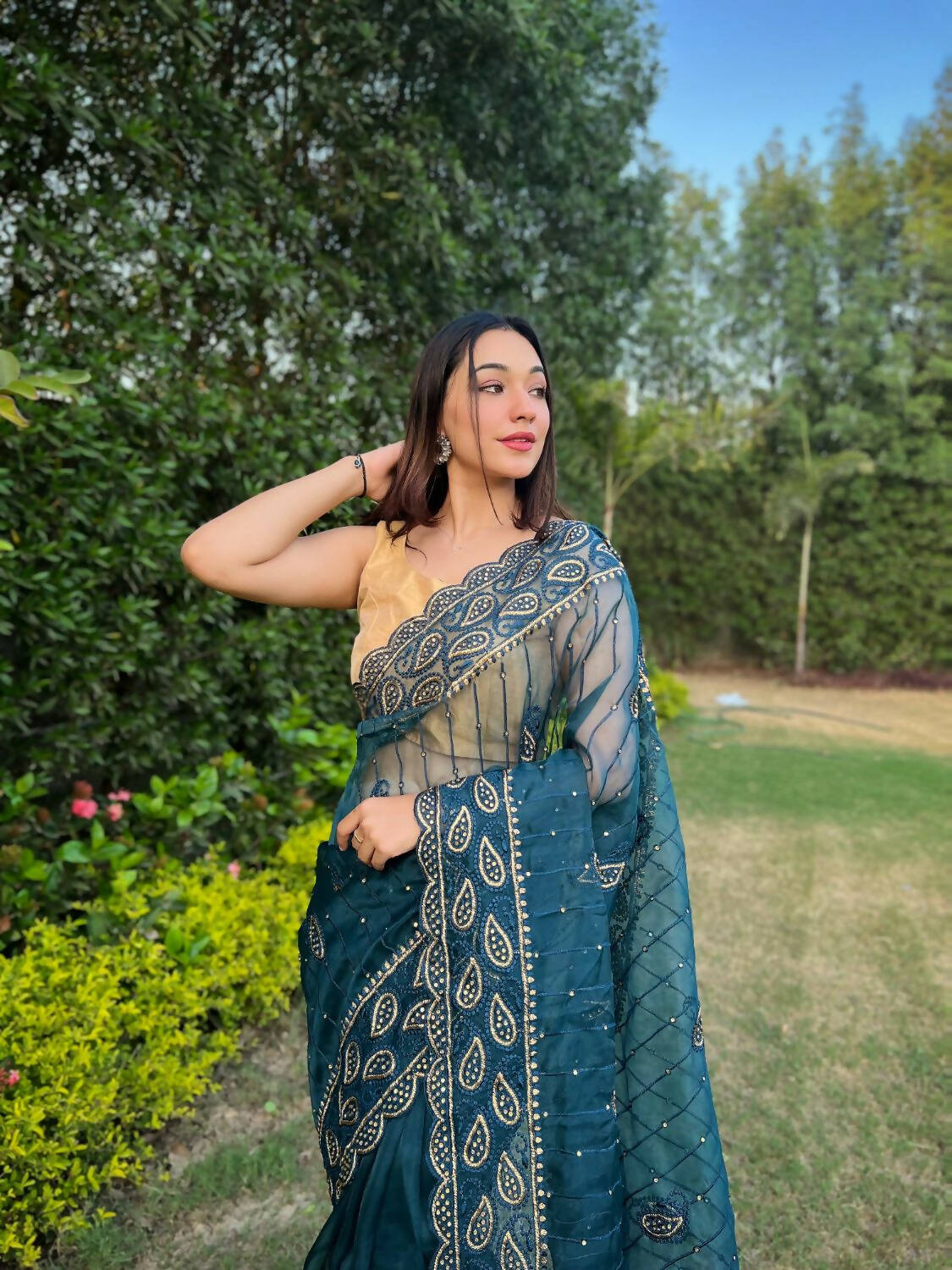 Vamsee Sky Organza Saree - Swadesiicart