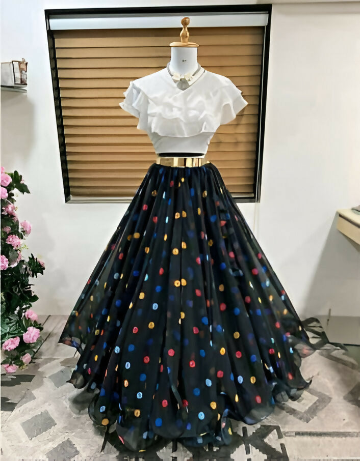 Dishitha Creation Color Dot Printed Stitched Lehenga & Crop Top - White & Black | Swadesiicart