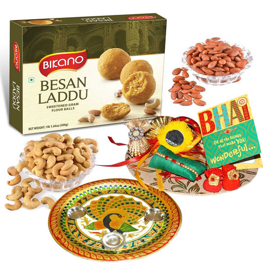 Bikano Besan Laddoo and Dryfruits Rakhi Puja Thali Gift | Swadesiicart