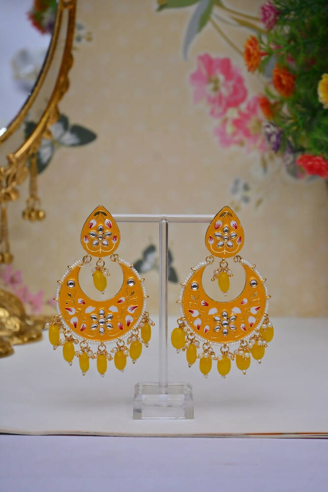 Gold-Polished Brass & Pearl Dangle Women Yellow Hand Painted Meenakari Chandbali Earrings By House of Ree - House of Ree