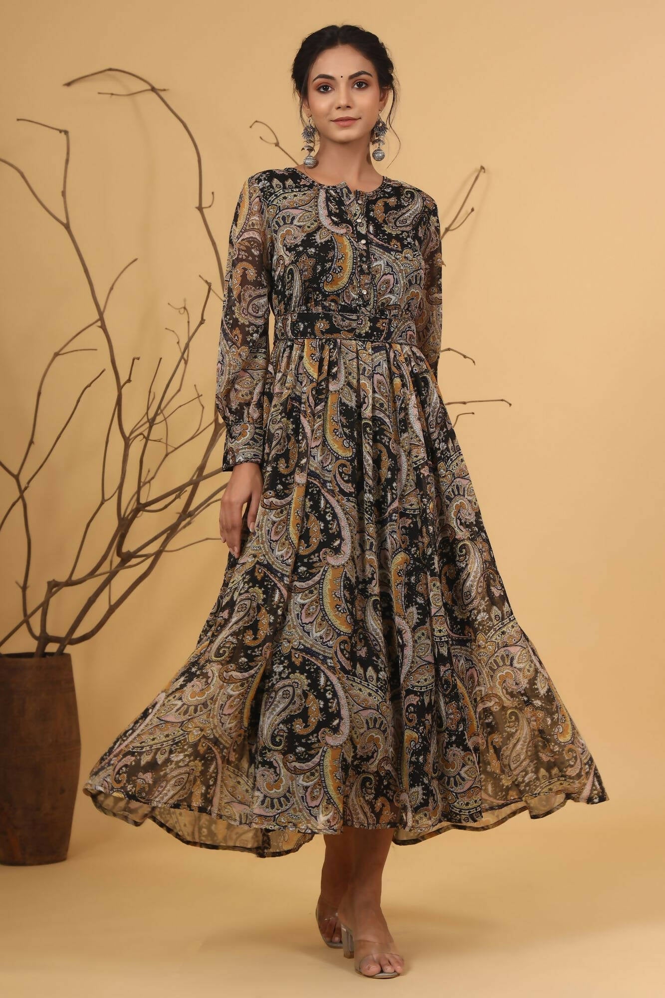 Juniper Women Black Chiffon Printed Flared Dress | Swadesiicart