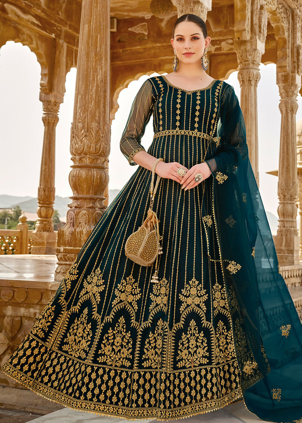 Heavy Stone Embroidered Peacock Blue Designer Anarkali Suit - Emponline | Swadesiicart