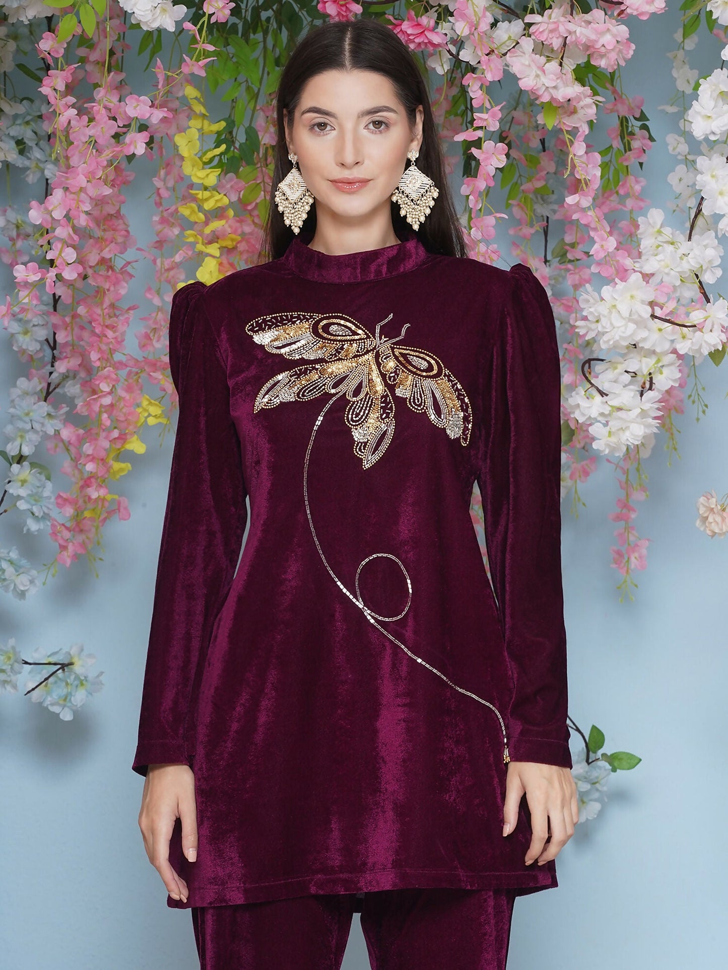 Joban Fashion Wine Velvet Hand Embellished Coord Set - Swadesiicart
