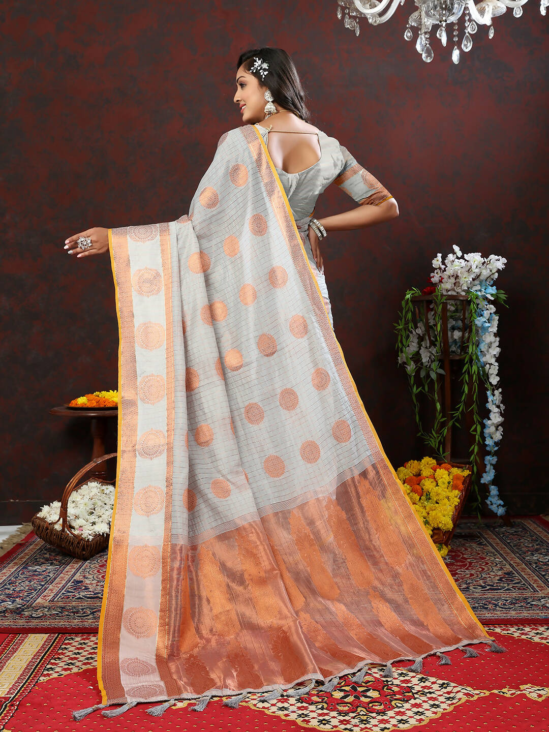 Lorenvalley Fashion Grey Cotton with Woven Design Zari Weaving Saree - Swadesiicart