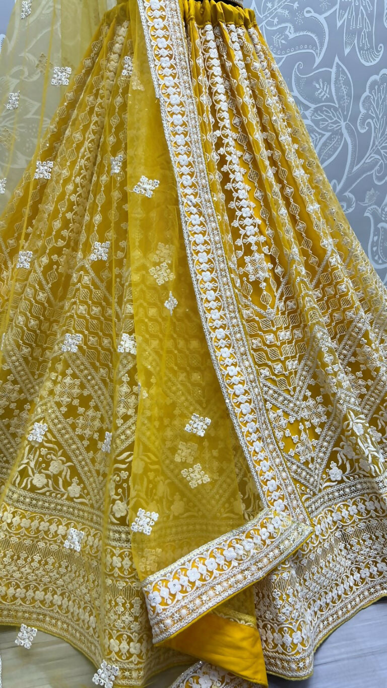Jyoti Fashion Women's Yellow Net Patterned Thread Embroidered with Sequins Wedding Lehenga Choli | Swadesiicart