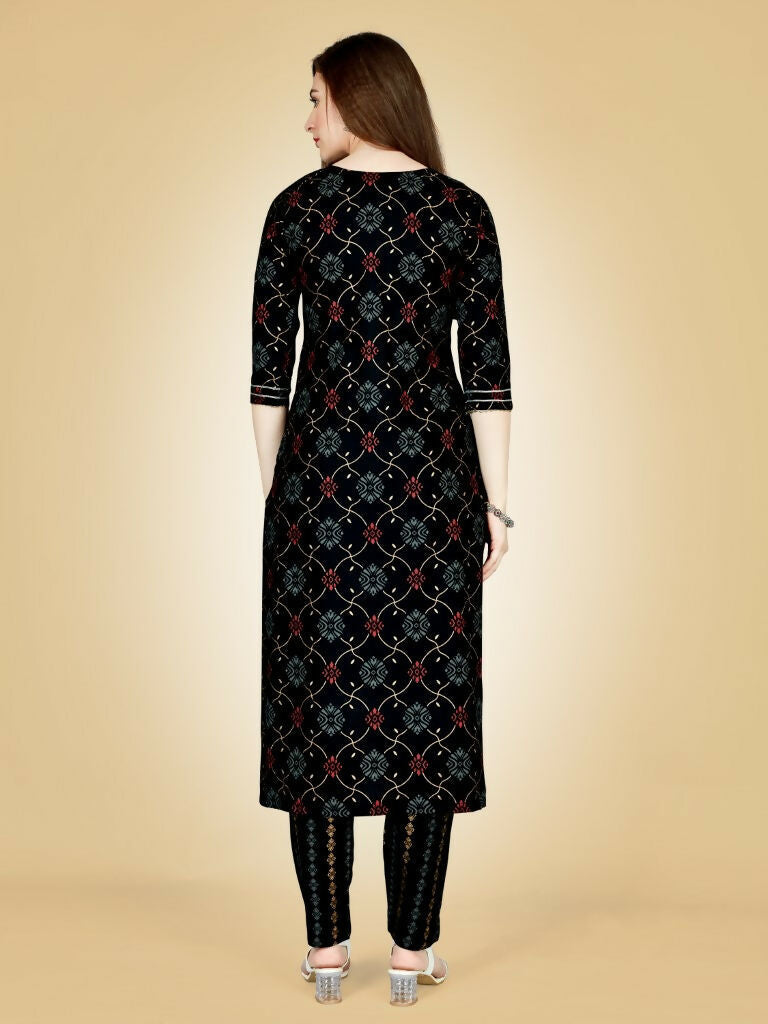 Jyoti Fashion Women's Black Viscose Rayon Embroidered Kurta Pant Set | Swadesiicart