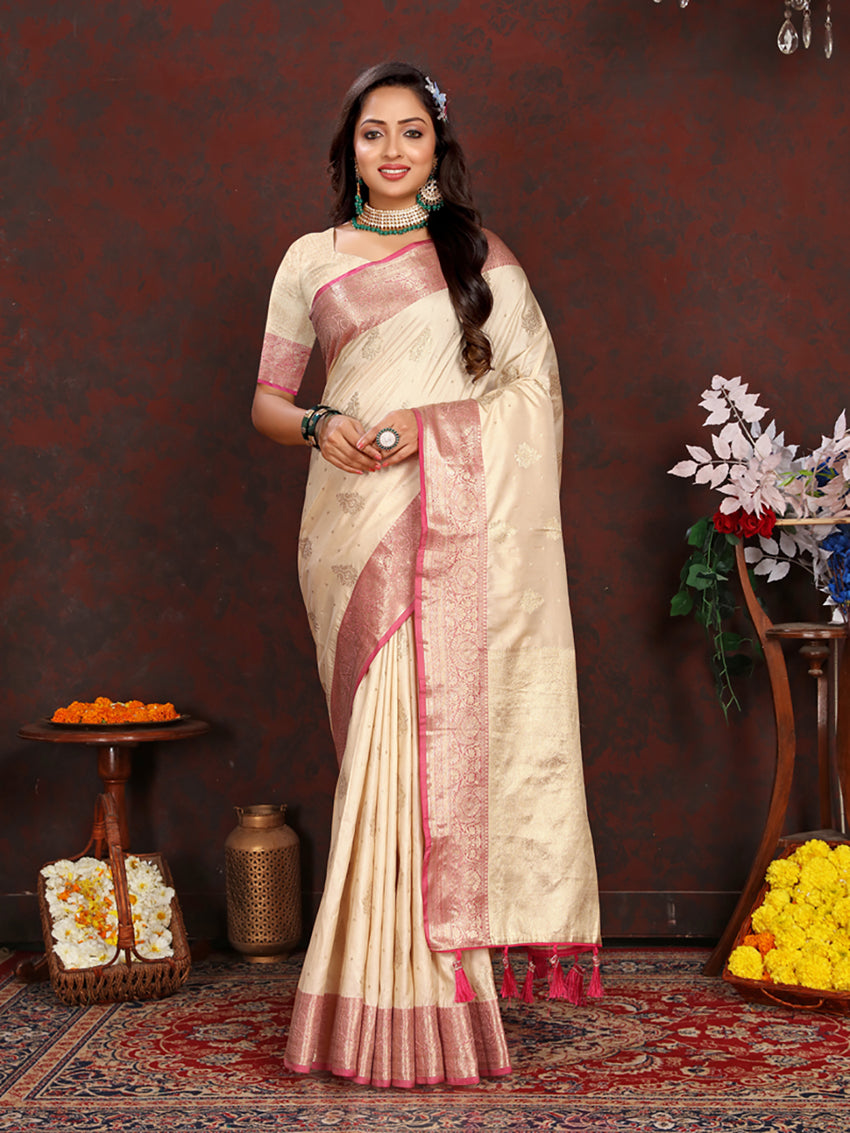 Lorenvalley Fashion Cream Soft Katan Silk Woven Design Zari Weaving Pallu Saree - Swadesiicart