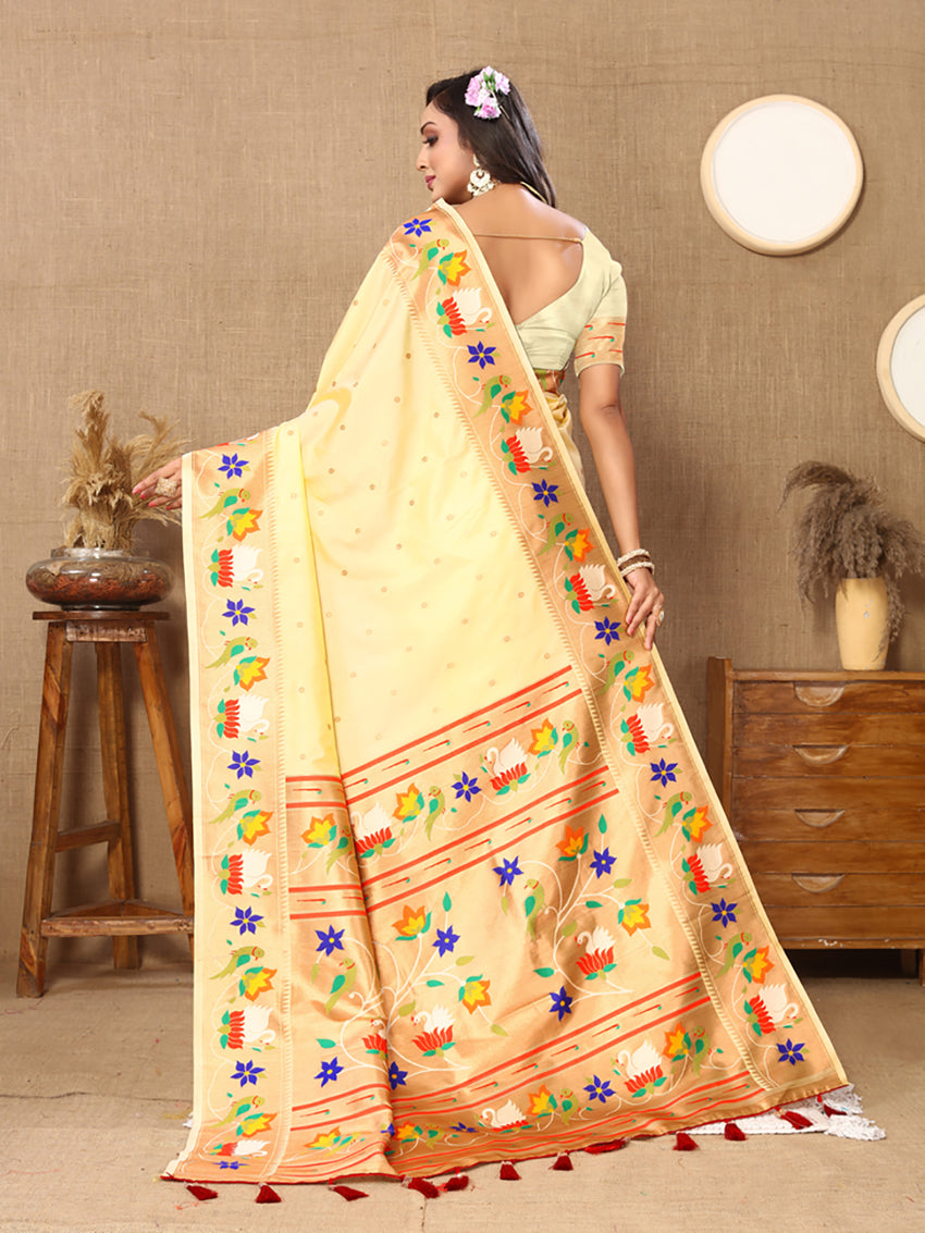 Lorenvalley Fashion Cream Soft Paithani Silk Woven Design Rich Zari Meenakari Weaving Saree - Swadesiicart