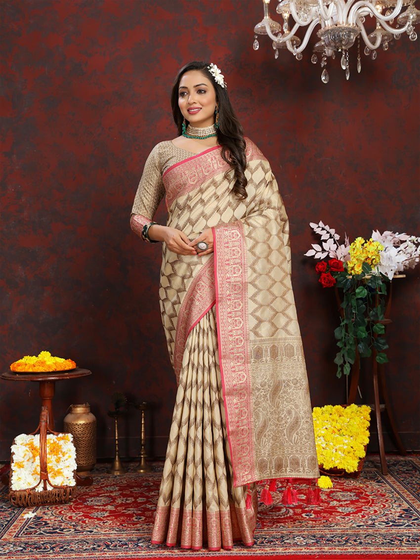 Lorenvalley Fashion Cream Soft Katan Silk Woven Design Rich Zari Weaving Pallu Saree - Swadesiicart