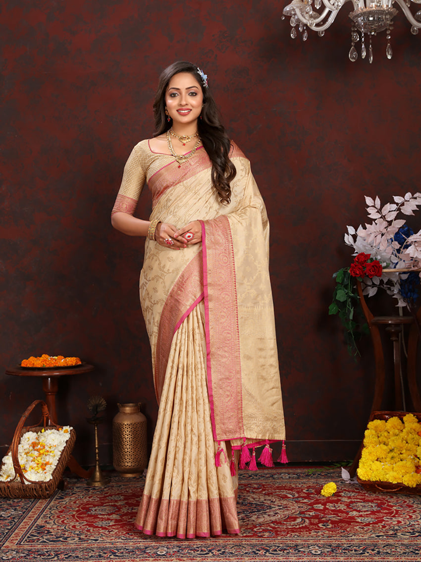 Lorenvalley Fashion Cream Soft Katan Silk Woven Design Zari Weaving Pallu Saree - Swadesiicart