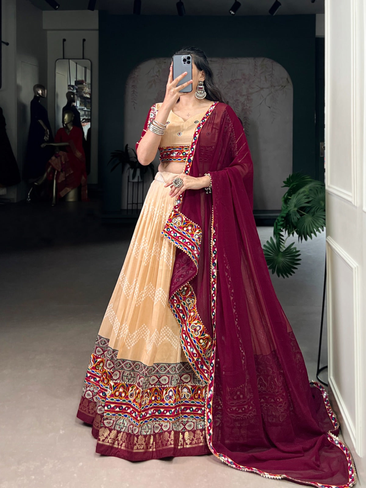 Lorenvalley Fashion Cream Tasar Silk Print with Foil Work and Real Mirror Gamthi Work with Lace Touch Up Lehenga Choli with Dupatta | Swadesiicart