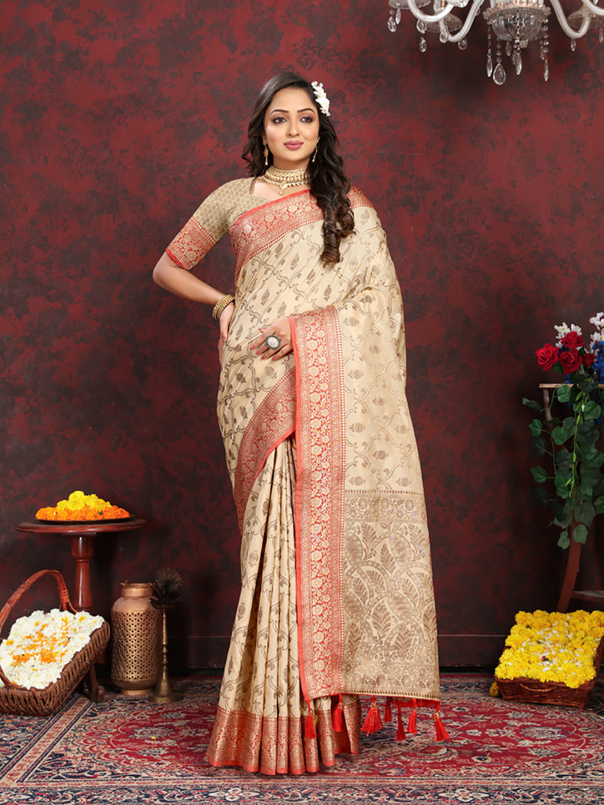 Lorenvalley Fashion Cream Soft Katan Silk Woven Design Rich Zari Weaving Pallu Saree - Swadesiicart