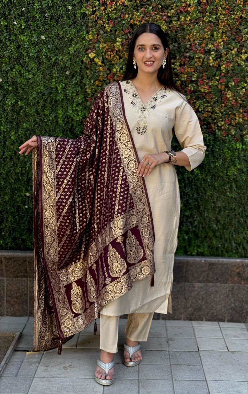 Lorenvalley Fashion Cream Roman Silk Hand Work Kurta Pant with Dupatta - Swadesiicart