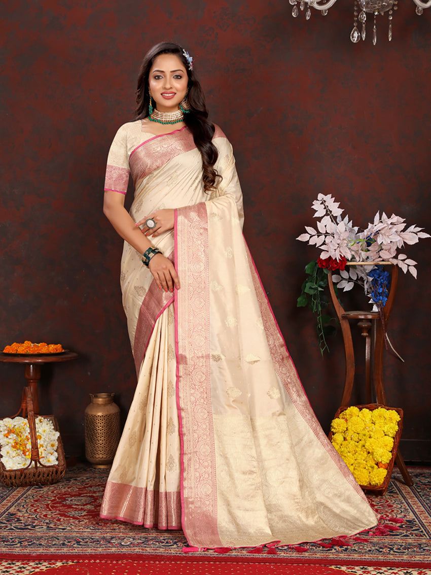 Lorenvalley Fashion Cream Soft Katan Silk Woven Design Zari Weaving Pallu Saree - Swadesiicart