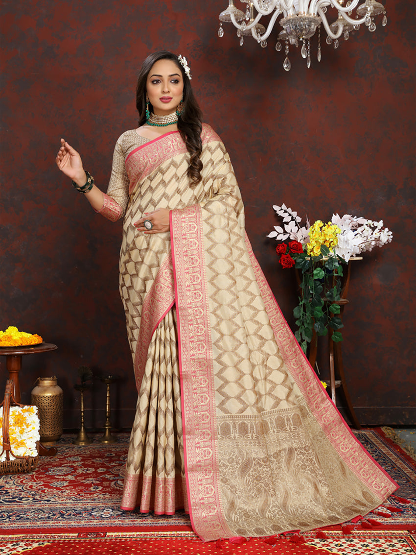 Lorenvalley Fashion Cream Soft Katan Silk Woven Design Rich Zari Weaving Pallu Saree - Swadesiicart