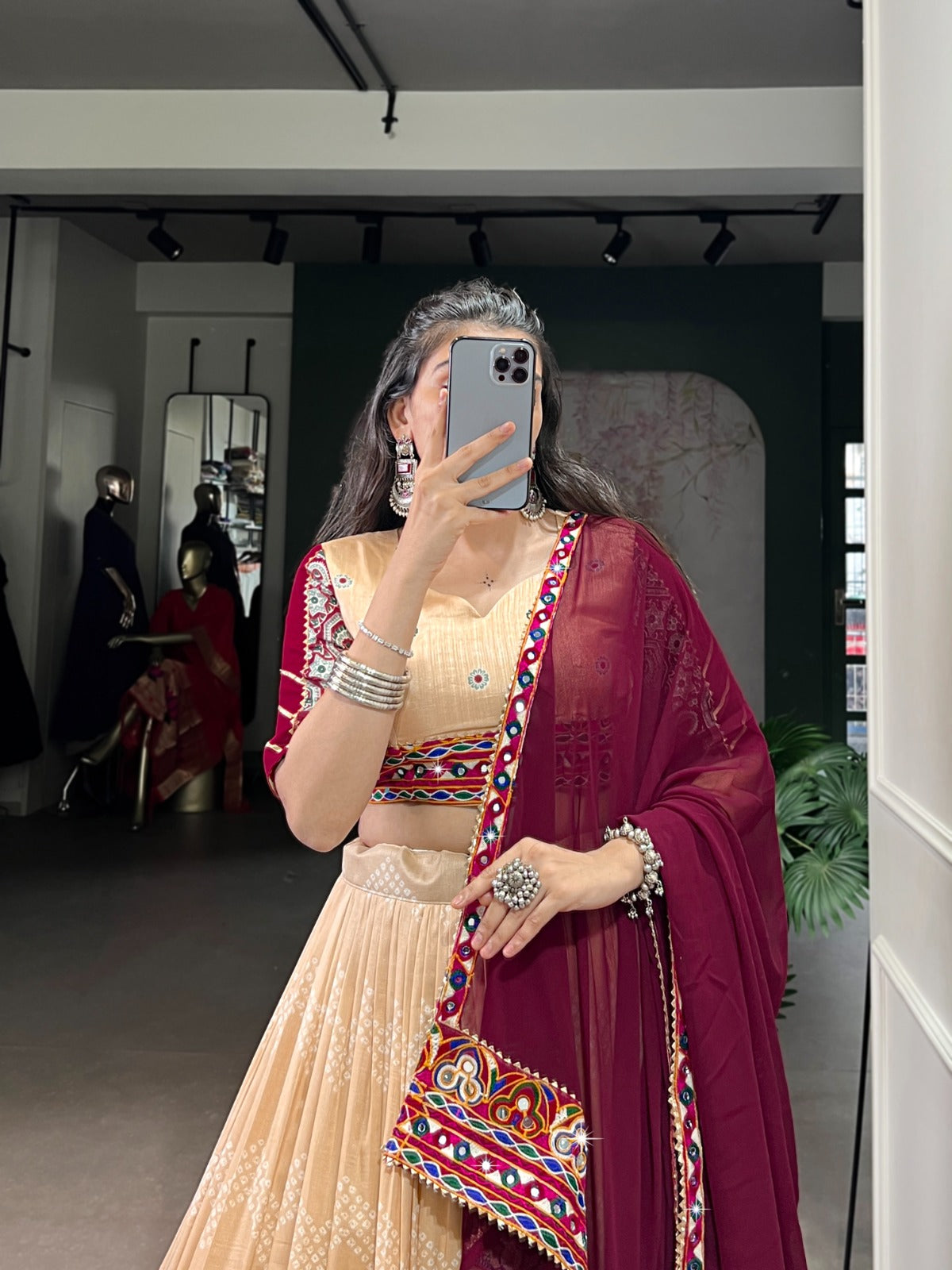 Lorenvalley Fashion Cream Tasar Silk Print with Foil Work and Real Mirror Gamthi Work with Lace Touch Up Lehenga Choli with Dupatta | Swadesiicart