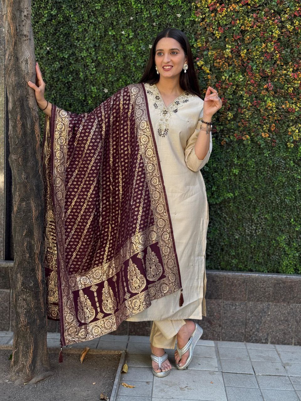 Lorenvalley Fashion Cream Roman Silk Hand Work Kurta Pant with Dupatta - Swadesiicart