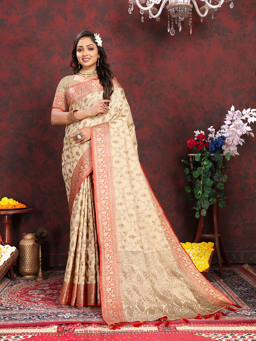 Lorenvalley Fashion Cream Soft Katan Silk Woven Design Rich Zari Weaving Pallu Saree - Swadesiicart